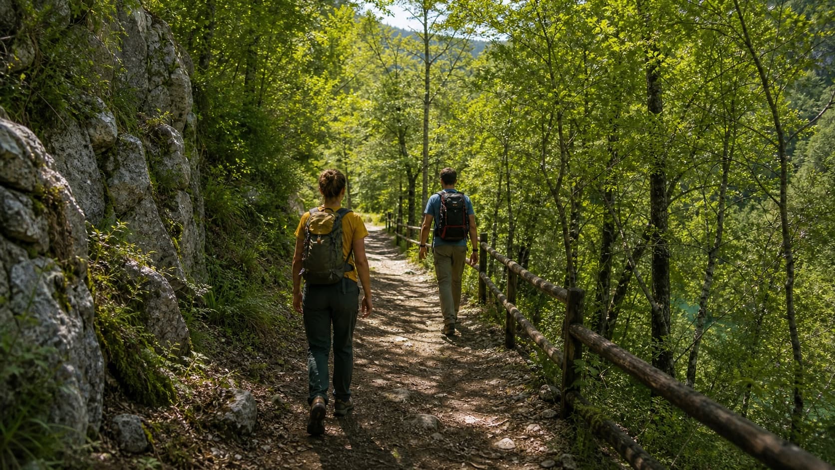 Escursionisti su un sentiero boschivo nel Cilento